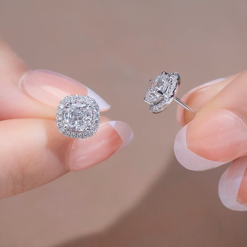 Messi Jewelry MSE-590 14K White Gold Cushion Diamond Stud Earrings