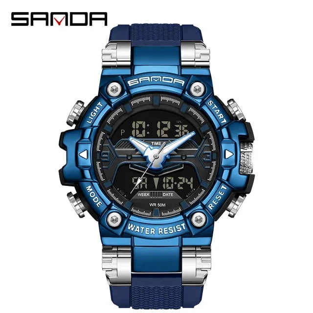 Sanda 3186 Digital Movement Men Golden Hand Wristwatch Chronograph LED Week Display Luminous Stop Watch