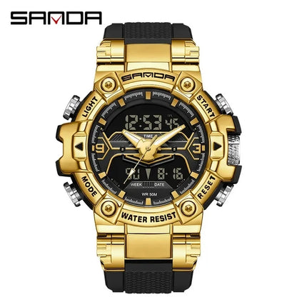 Sanda 3186 Digital Movement Men Golden Hand Wristwatch Chronograph LED Week Display Luminous Stop Watch