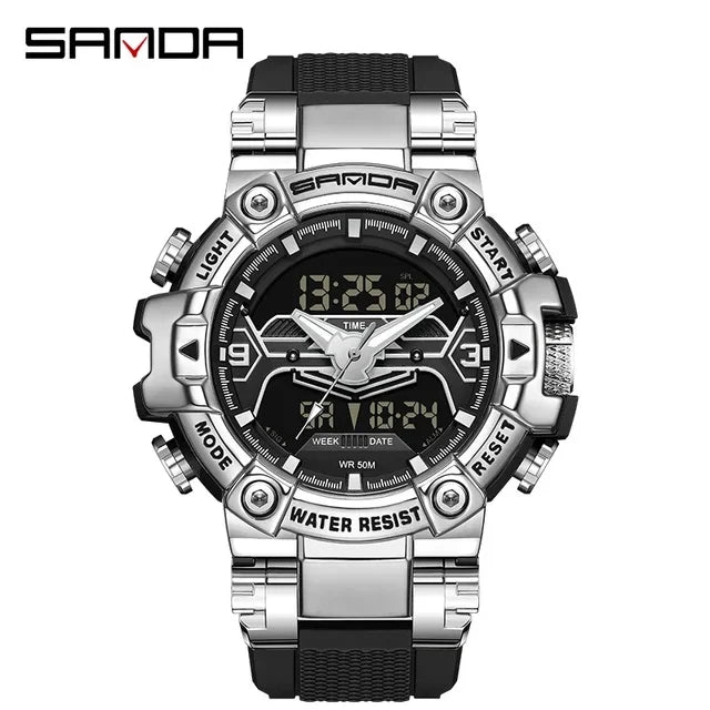 Sanda 3186 Digital Movement Men Golden Hand Wristwatch Chronograph LED Week Display Luminous Stop Watch