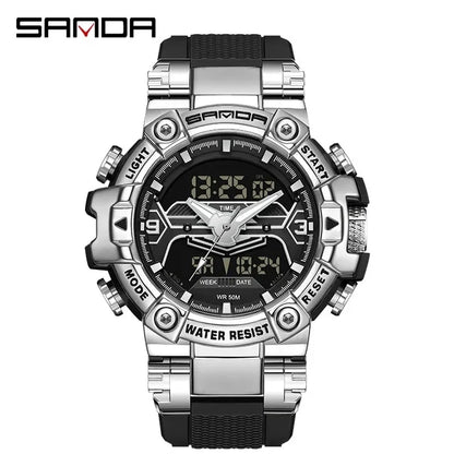 Sanda 3186 Digital Movement Men Golden Hand Wristwatch Chronograph LED Week Display Luminous Stop Watch