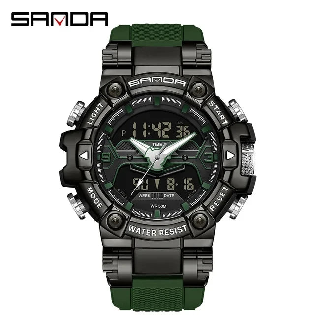 Sanda 3186 Digital Movement Men Golden Hand Wristwatch Chronograph LED Week Display Luminous Stop Watch