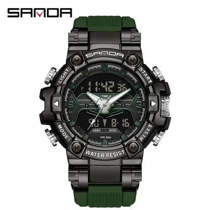 Sanda 3186 Digital Movement Men Golden Hand Wristwatch Chronograph LED Week Display Luminous Stop Watch