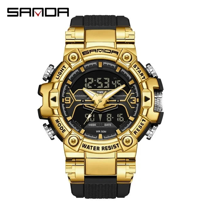 Sanda 3186 Digital Movement Men Golden Hand Wristwatch Chronograph LED Week Display Luminous Stop Watch