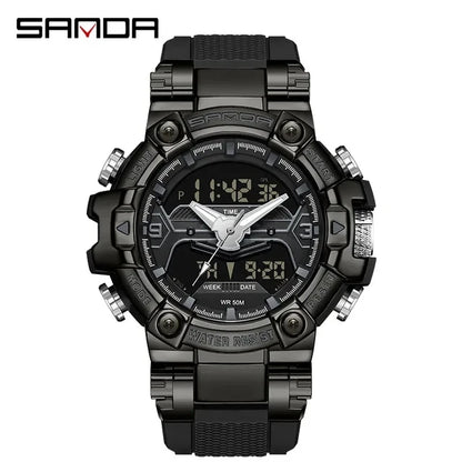 Sanda 3186 Digital Movement Men Golden Hand Wristwatch Chronograph LED Week Display Luminous Stop Watch