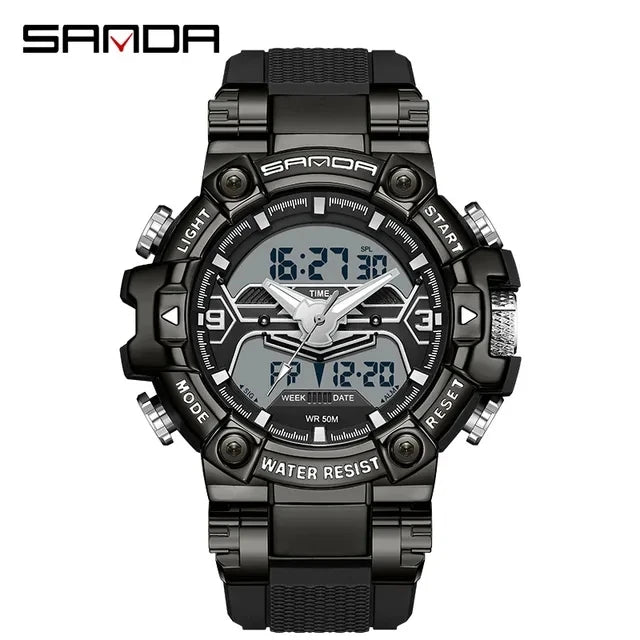 Sanda 3186 Digital Movement Men Golden Hand Wristwatch Chronograph LED Week Display Luminous Stop Watch