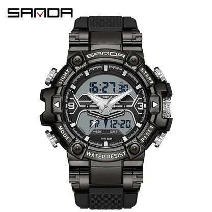 Sanda 3186 Digital Movement Men Golden Hand Wristwatch Chronograph LED Week Display Luminous Stop Watch