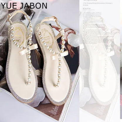 Pearl Sandals women Ladies Summer Bohemia Beach Sandal String Bead Casual Buckle Strap Flat Shoes Open Toe Shoes woman Flip Flop