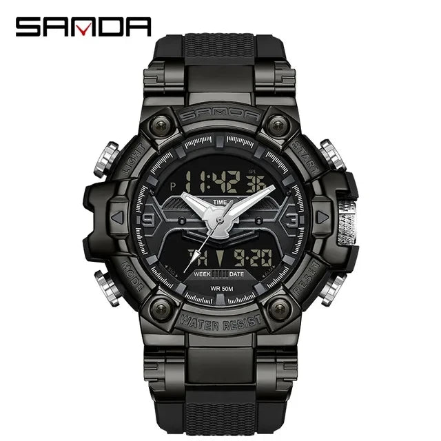 Sanda 3186 Digital Movement Men Golden Hand Wristwatch Chronograph LED Week Display Luminous Stop Watch