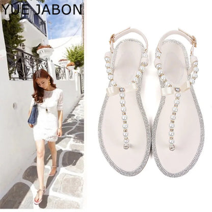 Pearl Sandals women Ladies Summer Bohemia Beach Sandal String Bead Casual Buckle Strap Flat Shoes Open Toe Shoes woman Flip Flop