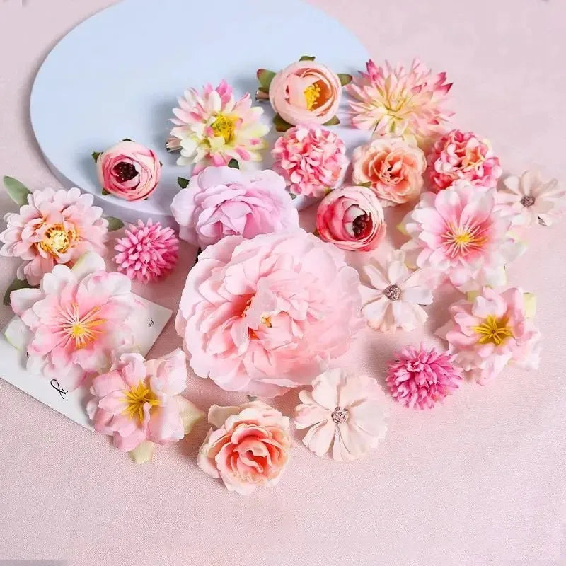 21Pcs Pink Artificial Flower Head Silk Rose DIY Craft Garland Bouquet Mother's Day Home Room Decor Wedding Decoration Accessorie