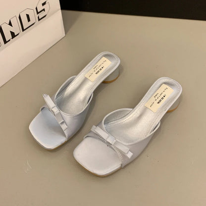 Fashion High Heel Open Toe Slippers for Women Wearing Bow Tie Outside Square Head Heel Slippers for Sandals Luxury Brand