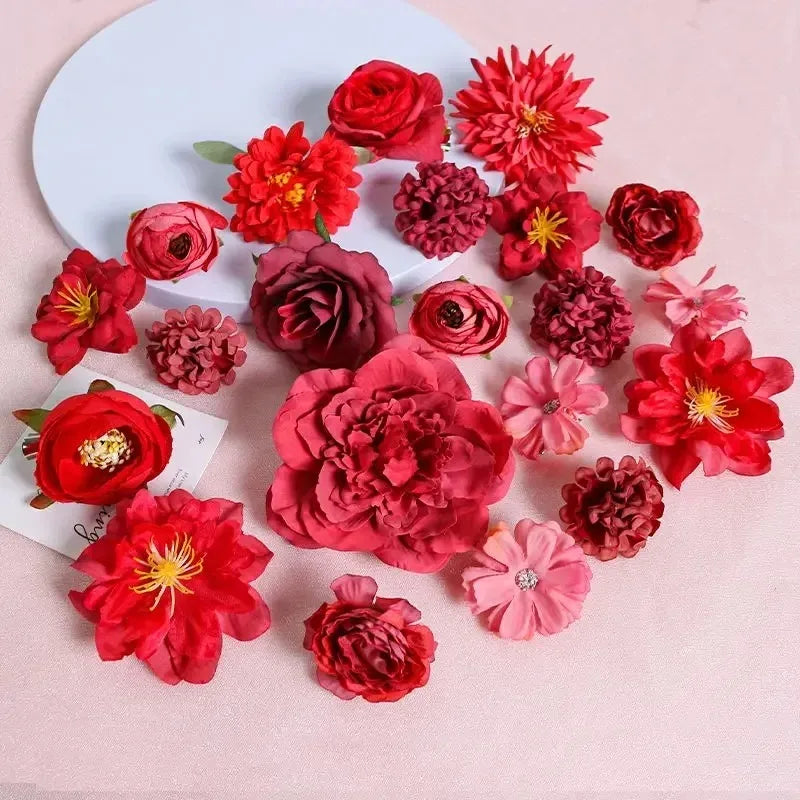 21Pcs Pink Artificial Flower Head Silk Rose DIY Craft Garland Bouquet Mother's Day Home Room Decor Wedding Decoration Accessorie
