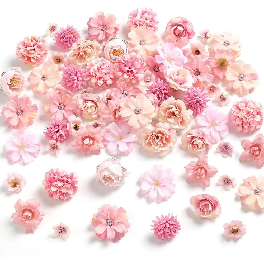 21Pcs Pink Artificial Flower Head Silk Rose DIY Craft Garland Bouquet Mother's Day Home Room Decor Wedding Decoration Accessorie