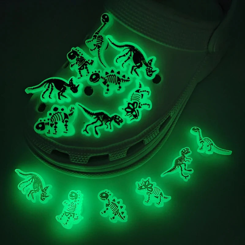 New Fluorescent Black And White Dinosaur Series Luminous Pvc Shoes Charms For Clogs Shoe Decoration Festival Party Gifts