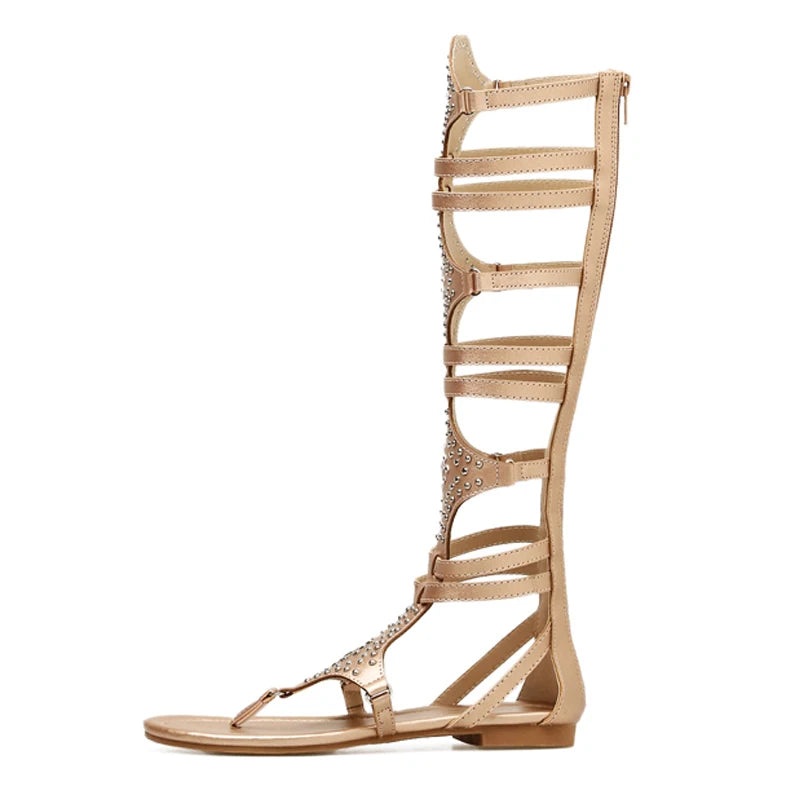 2023 Summer New High Toe Roman Flat Bottom Sandals Women's Shoes Water Diamond Flat Bottom Sandals High Tube Rivet Clip Toe