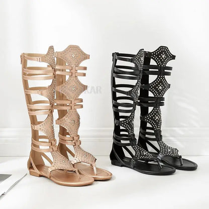 2023 Summer New High Toe Roman Flat Bottom Sandals Women's Shoes Water Diamond Flat Bottom Sandals High Tube Rivet Clip Toe