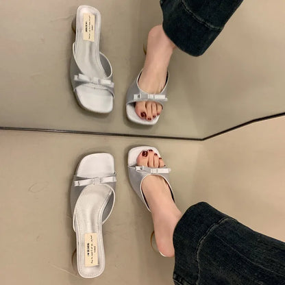 Fashion High Heel Open Toe Slippers for Women Wearing Bow Tie Outside Square Head Heel Slippers for Sandals Luxury Brand