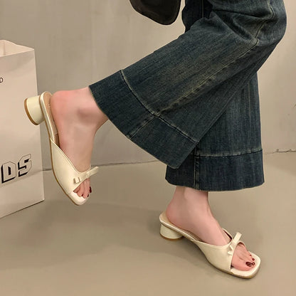 Fashion High Heel Open Toe Slippers for Women Wearing Bow Tie Outside Square Head Heel Slippers for Sandals Luxury Brand