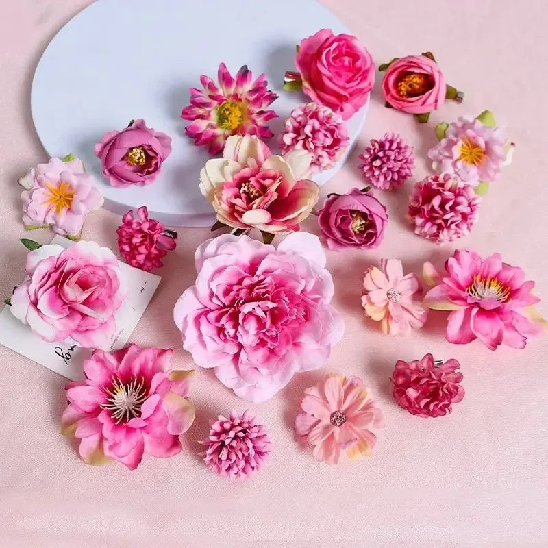 21Pcs Pink Artificial Flower Head Silk Rose DIY Craft Garland Bouquet Mother's Day Home Room Decor Wedding Decoration Accessorie