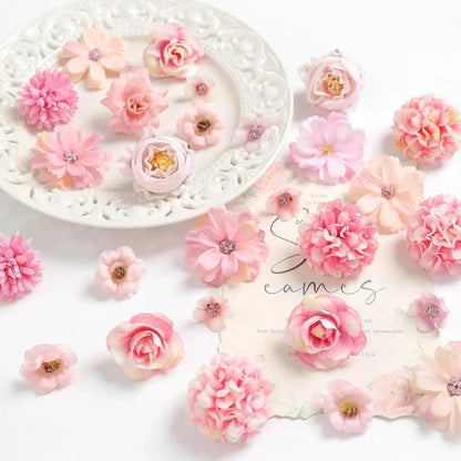 21Pcs Pink Artificial Flower Head Silk Rose DIY Craft Garland Bouquet Mother's Day Home Room Decor Wedding Decoration Accessorie