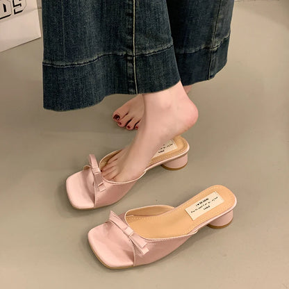 Fashion High Heel Open Toe Slippers for Women Wearing Bow Tie Outside Square Head Heel Slippers for Sandals Luxury Brand