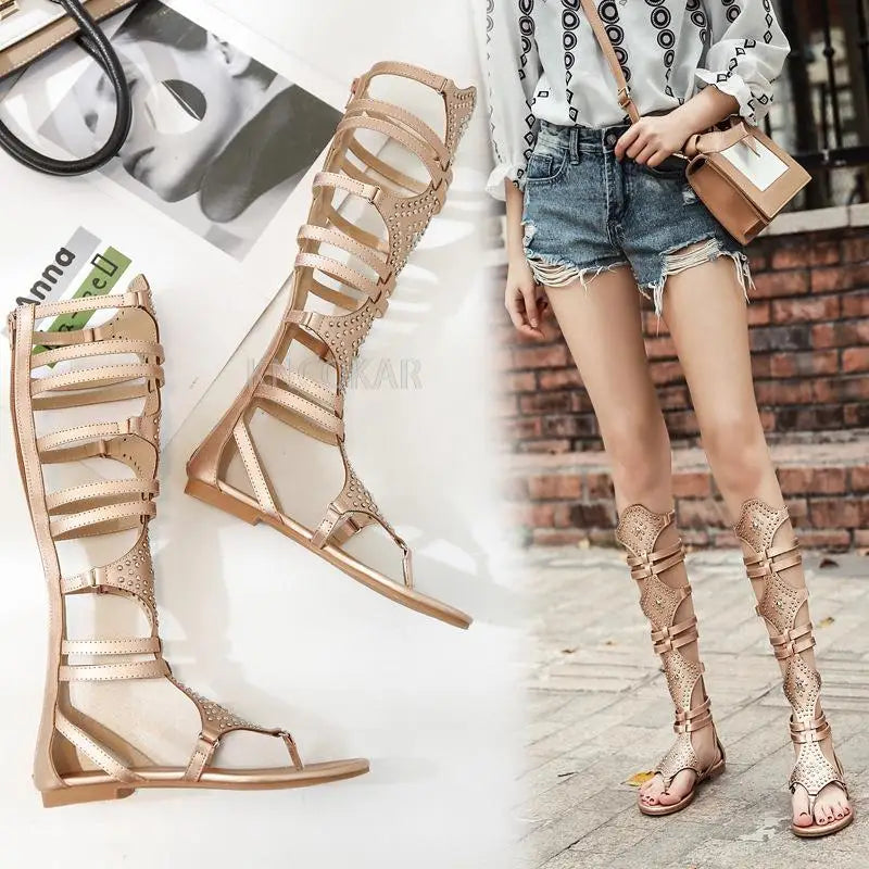 2023 Summer New High Toe Roman Flat Bottom Sandals Women's Shoes Water Diamond Flat Bottom Sandals High Tube Rivet Clip Toe